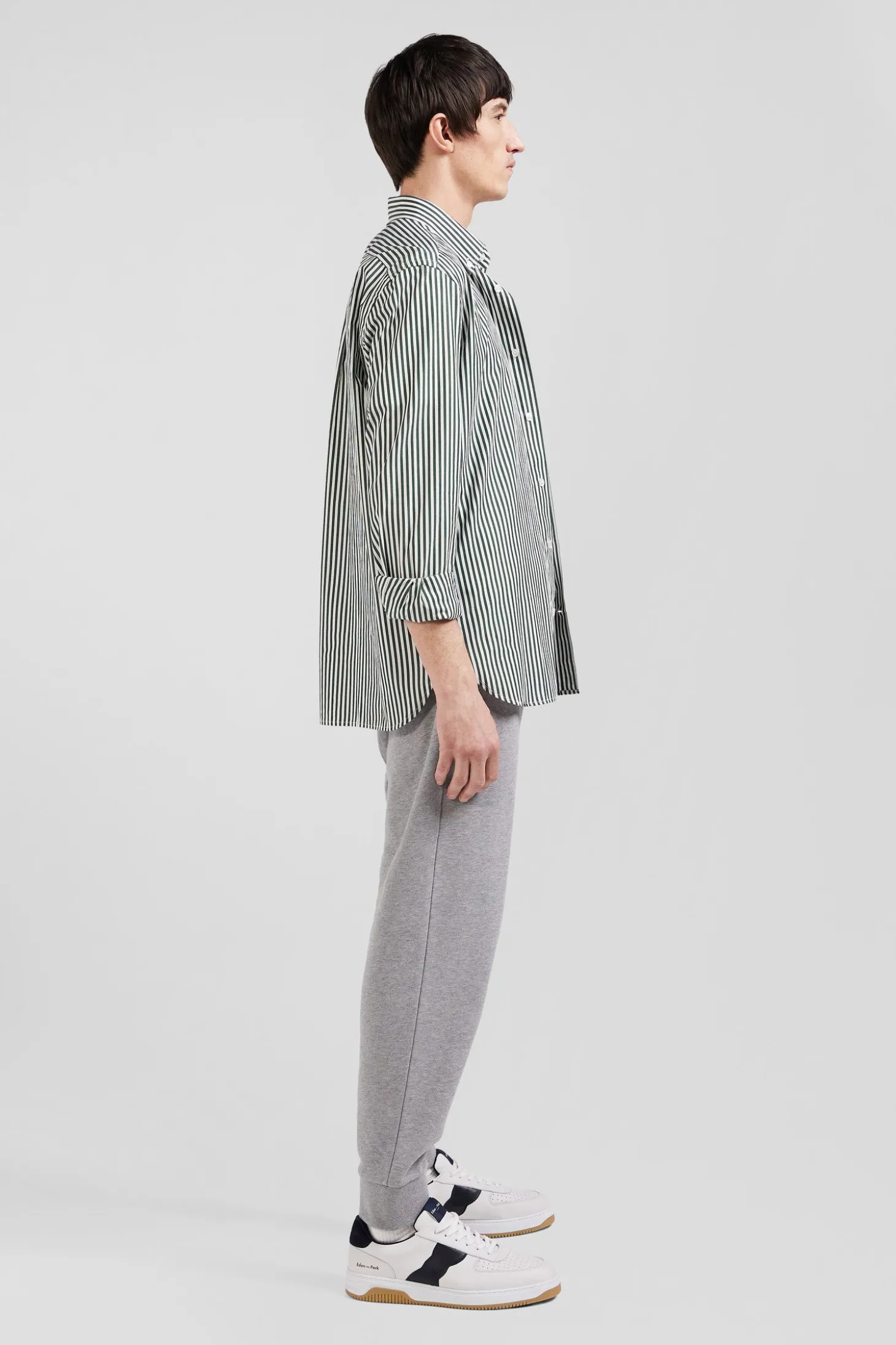 Chemise en popeline de coton rayée verte coupe Regular