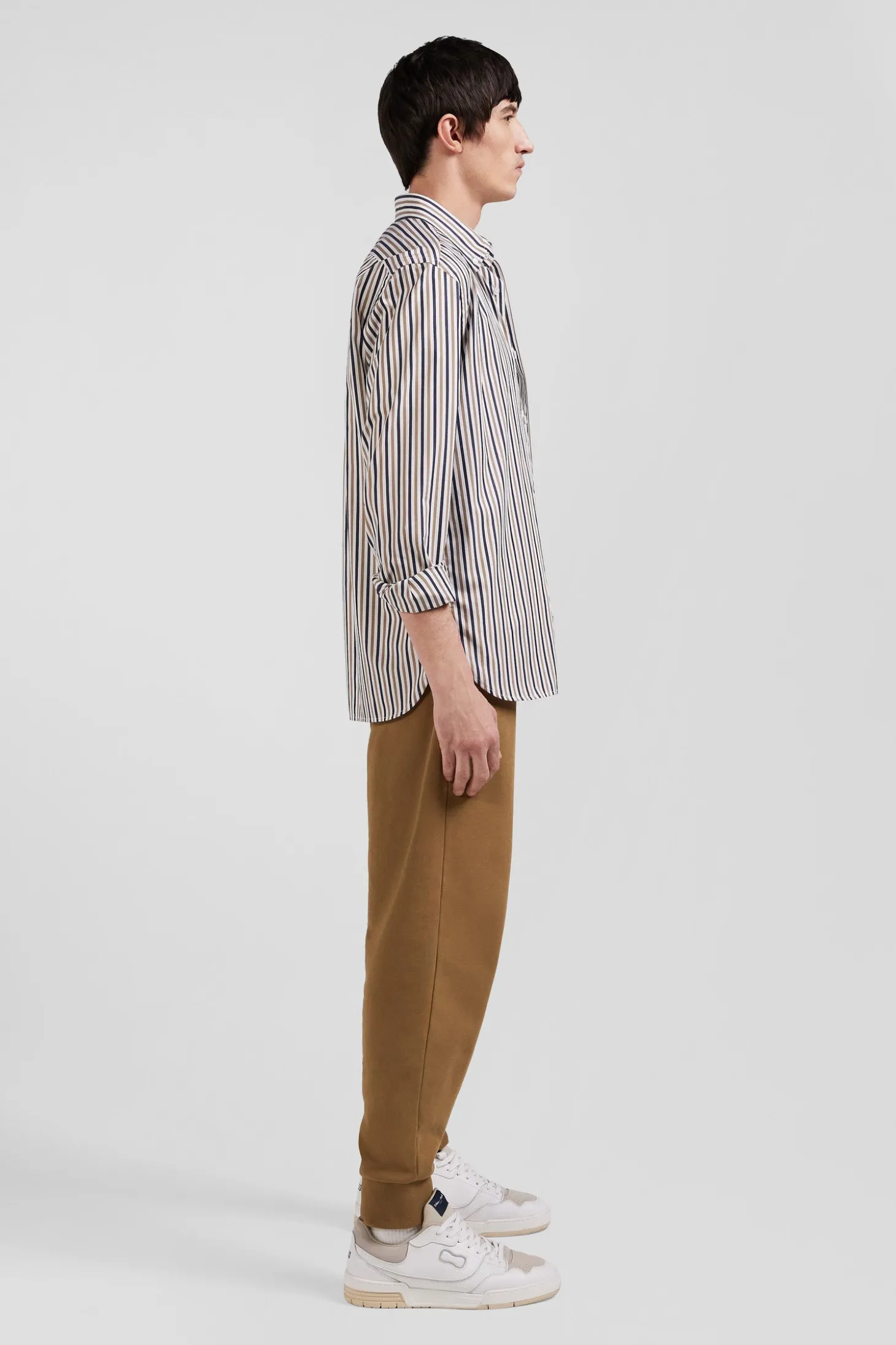 Chemise en popeline de coton rayée grège coupe Regular