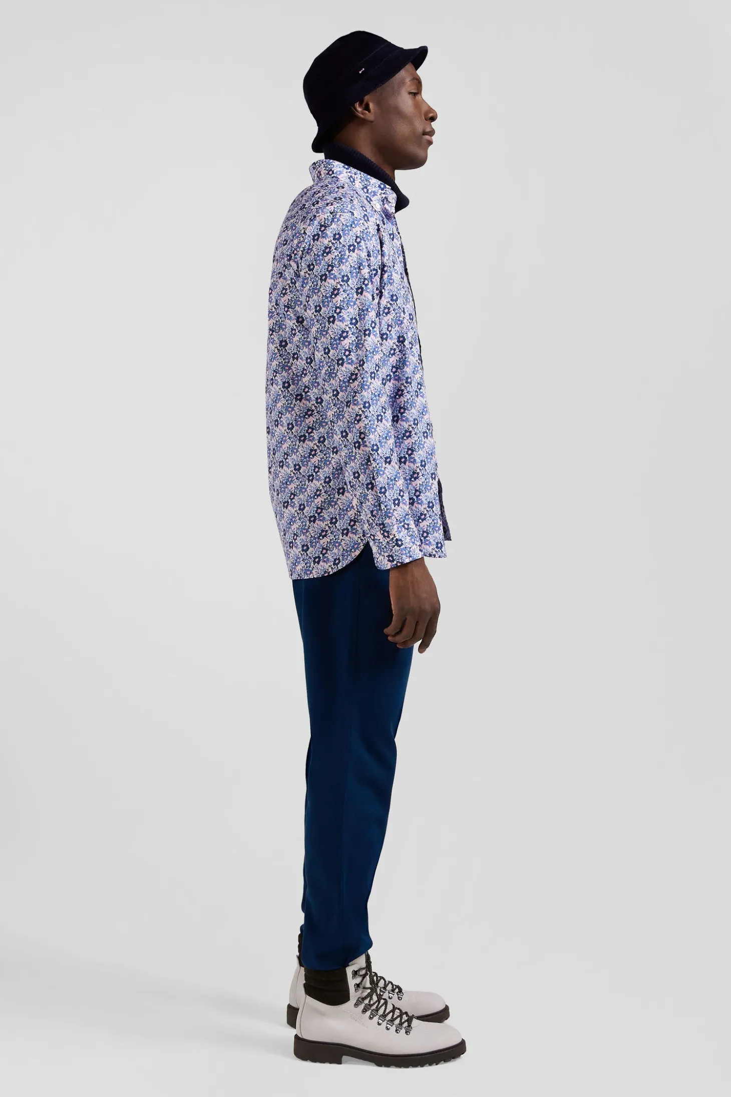 Chemise en popeline de coton bleue imprimé floral coupe Regular
