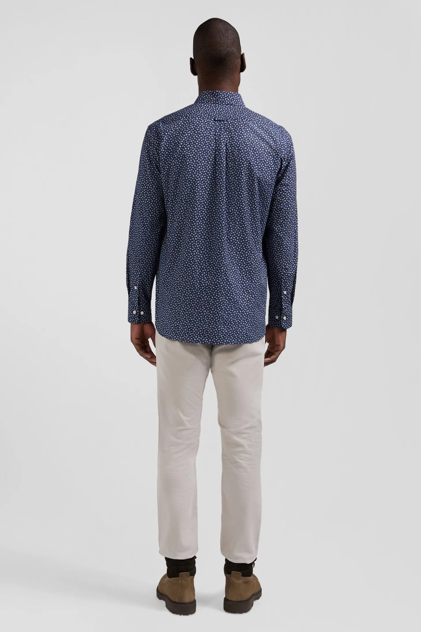 Chemise en popeline de coton bleu marine à microimprimé floral coupe Regular