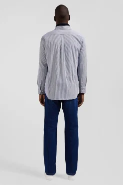 Chemise en popeline de coton bleu marine à rayures bâton coupe Regular