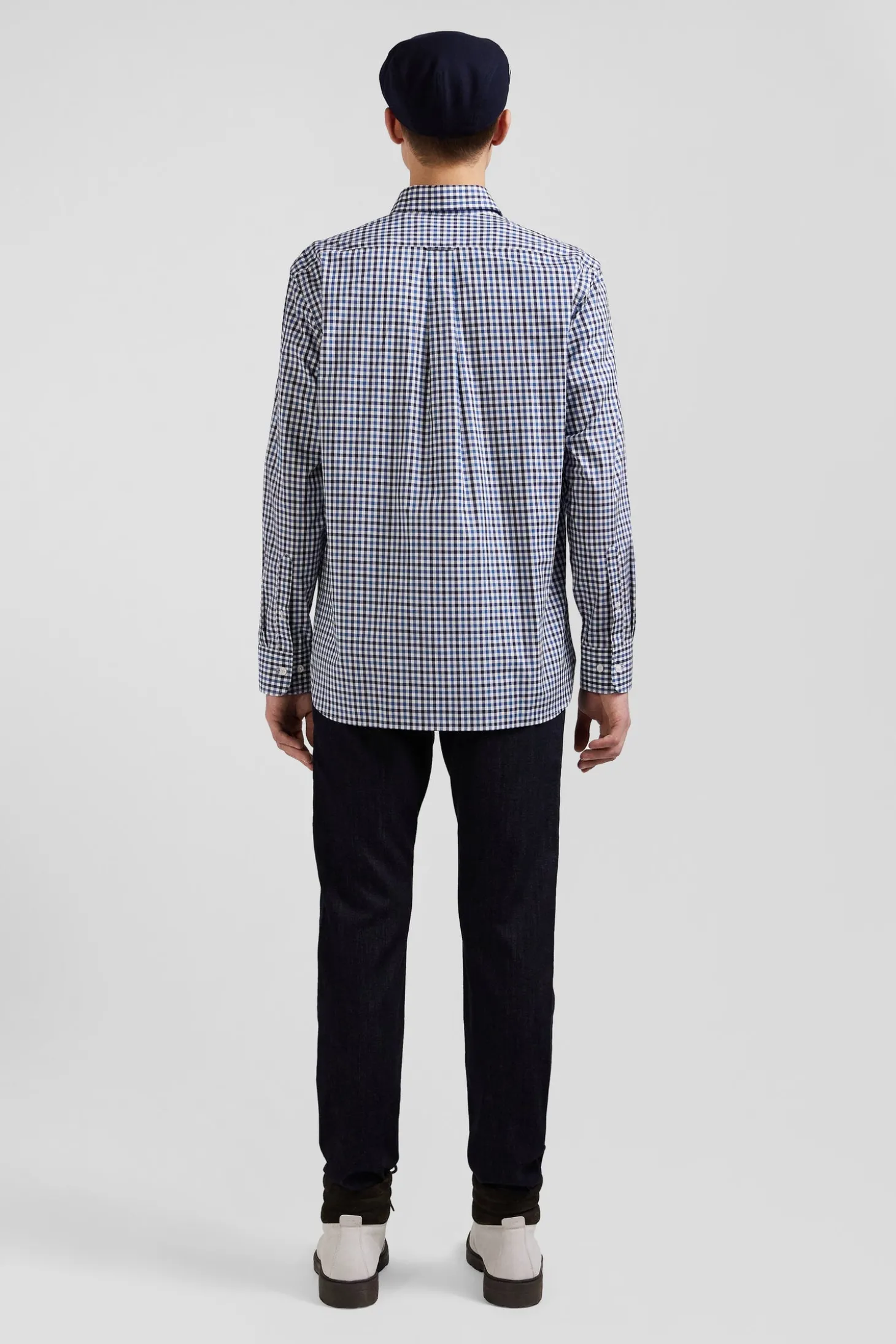 Chemise en popeline de coton bleu marine à carreaux bicolore coupe Regular