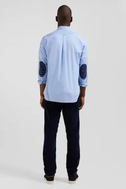 Chemise en popeline de coton ciel col boutonné et coudières imprimées coupe Regular