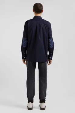 Chemise en popeline de coton bleu marine col boutonné et coudières imprimées coupe Regular