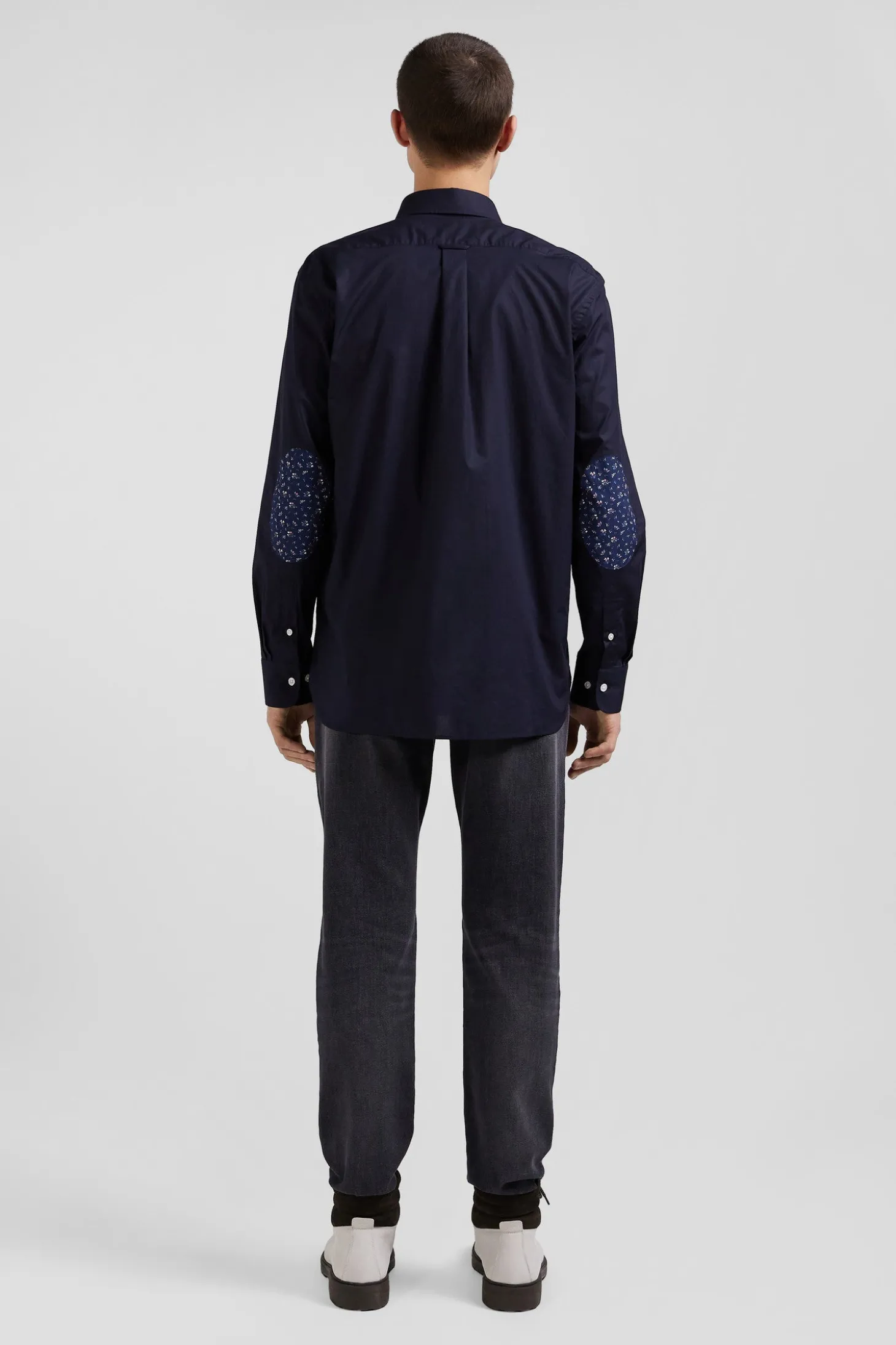 Chemise en popeline de coton bleu marine col boutonné et coudières imprimées coupe Regular
