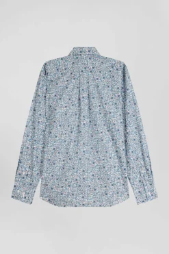Chemise en popeline de coton ciel microimprimé floral coupe Regular