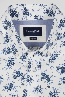 Chemise en popeline de coton écrue imprimé floral marine coupe Regular