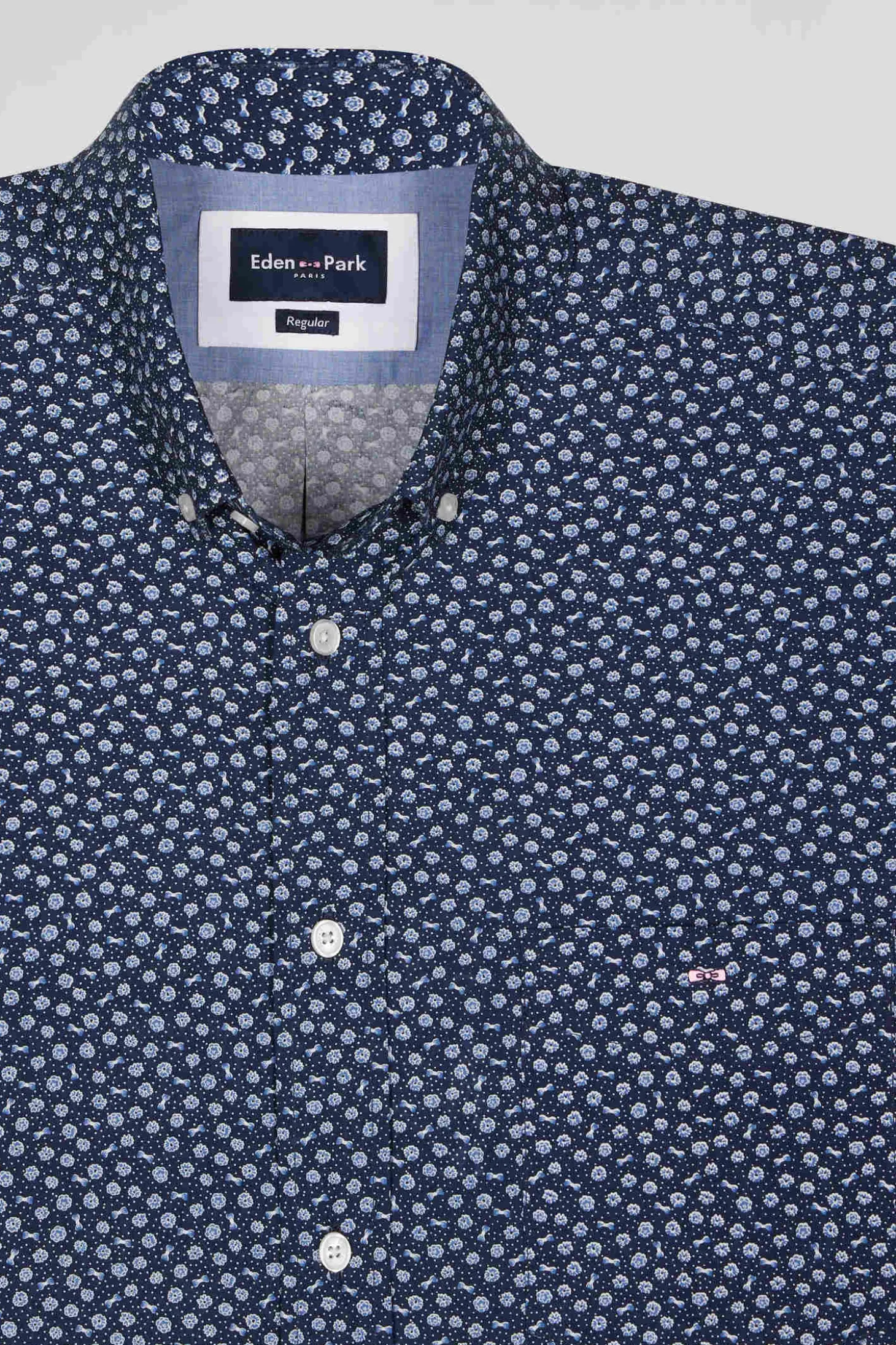 Chemise en popeline de coton bleu marine à microimprimé floral coupe Regular