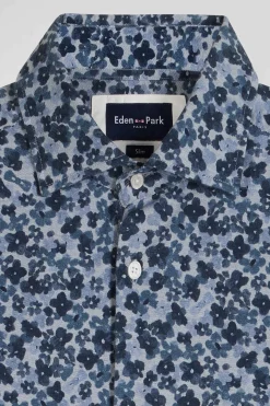 Chemise en popeline de coton grise microimprimé fleurs coupe Slim