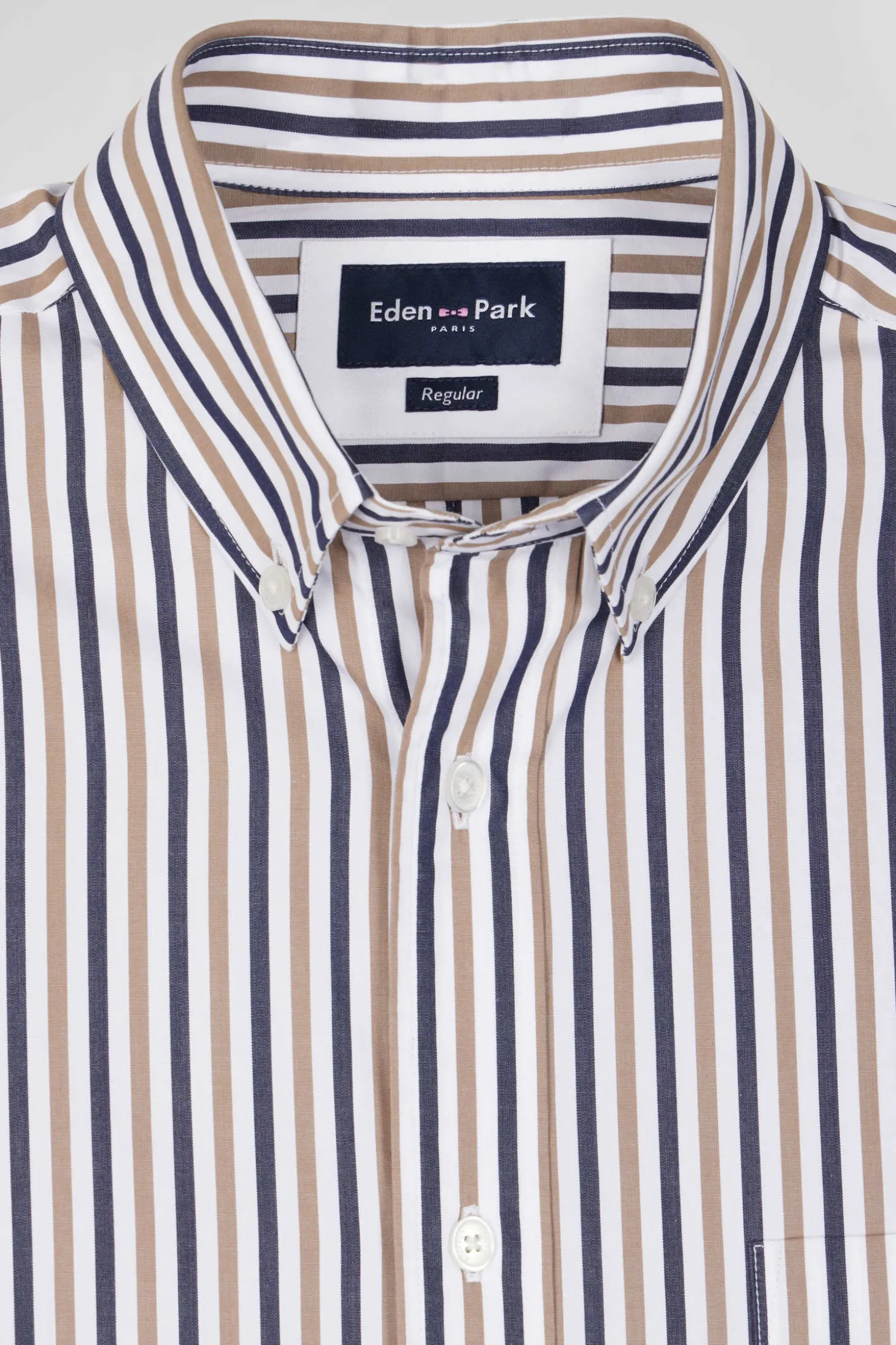 Chemise en popeline de coton rayée grège coupe Regular