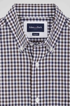 Chemise en popeline de coton marine à carreaux bicolore coupe Regular
