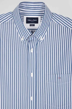 Chemise en popeline de coton rayée bleue coupe Regular