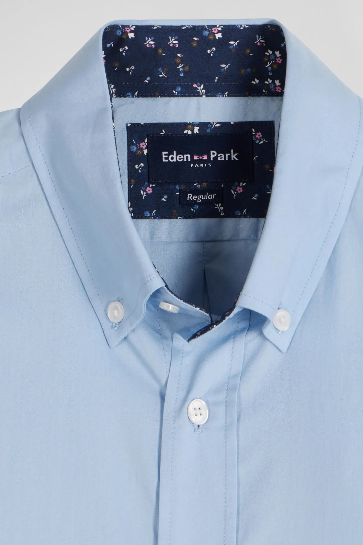 Chemise en popeline de coton ciel col boutonné et coudières imprimées coupe Regular