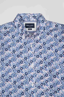 Chemise en popeline de coton bleue imprimé floral coupe Regular