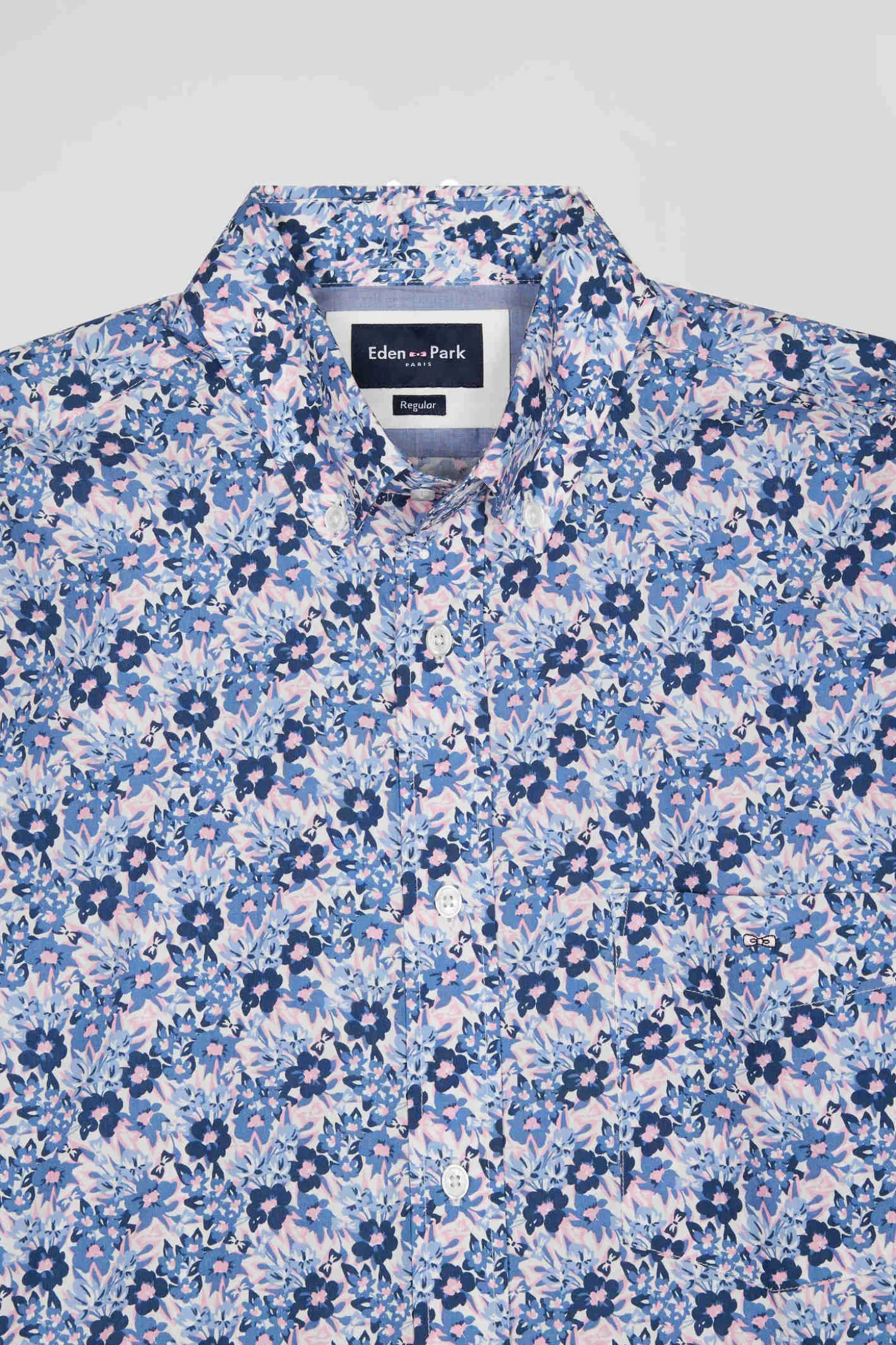 Chemise en popeline de coton bleue imprimé floral coupe Regular