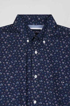 Chemise en popeline de coton bleu marine à microimprimé fleurs coupe Regular