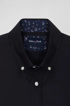 Chemise en popeline de coton bleu marine col boutonné et coudières imprimées coupe Regular