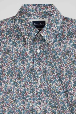 Chemise en popeline de coton bleue à imprimé floral coupe Regular