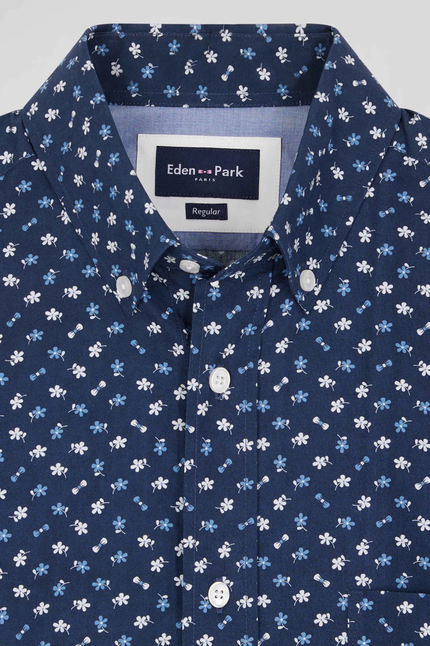 Chemise en popeline de coton bleu marine microimprimé floral coupe Regular
