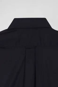 Chemise en popeline de coton bleu marine col boutonné et coudières imprimées coupe Regular