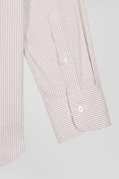 Chemise en popeline de coton beige à rayures bâton coupe Regular