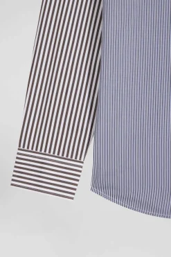 Chemise en popeline de coton marron rayures mix and match coupe Regular