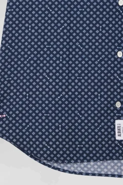 Chemise en popeline de coton indigo imprimé graphique coupe Slim