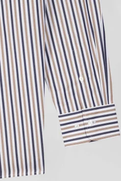 Chemise en popeline de coton rayée grège coupe Regular