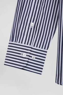 Chemise en popeline de coton rayée marine coupe Regular
