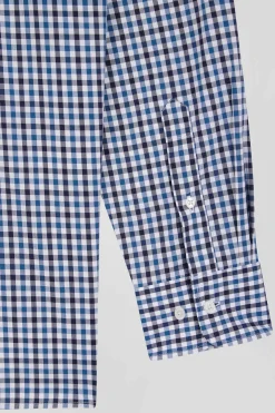 Chemise en popeline de coton bleu marine à carreaux bicolore coupe Regular