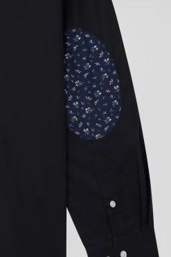 Chemise en popeline de coton bleu marine col boutonné et coudières imprimées coupe Regular
