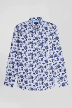 Chemise en twill de coton blanche imprimé floral bleu coupe Regular