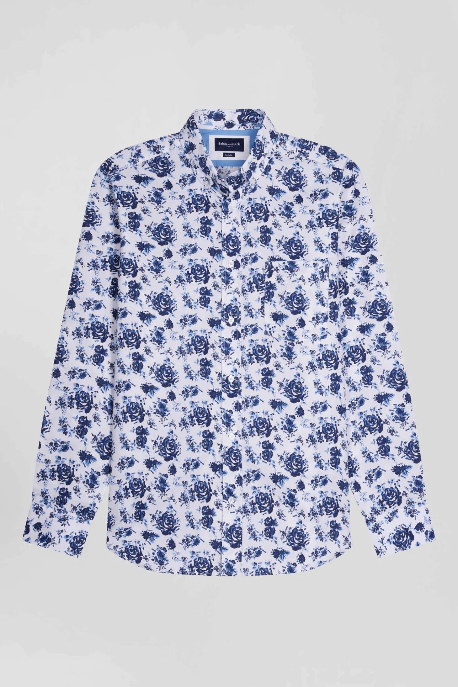 Chemise en twill de coton blanche imprimé floral bleu coupe Regular