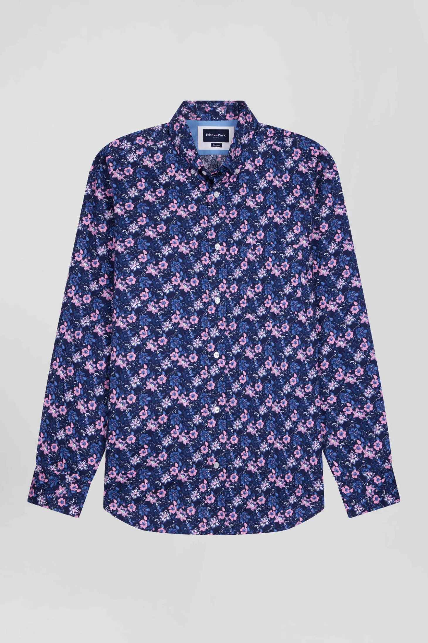 Chemise en twill de coton marine à imprimé fleurs roses coupe Regular