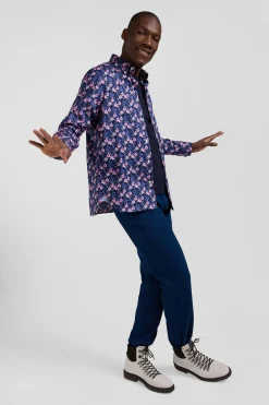 Chemise en twill de coton marine à imprimé fleurs roses coupe Regular