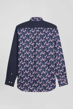 Chemise en twill de coton bleu marine et microimprimé fleurs coupe Regular