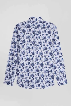 Chemise en twill de coton blanche imprimé floral bleu coupe Regular