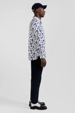 Chemise en twill de coton blanche imprimé floral bleu coupe Regular