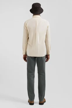 Chemise en twill de coton unie beige col à pointes boutonnées coupe Regular