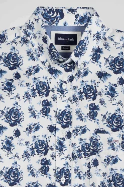 Chemise en twill de coton blanche imprimé floral bleu coupe Regular