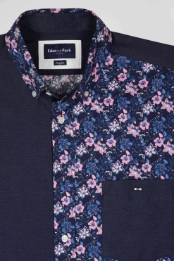 Chemise en twill de coton bleu marine et microimprimé fleurs coupe Regular