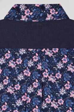 Chemise en twill de coton bleu marine et microimprimé fleurs coupe Regular