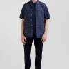 Chemise manches courtes en coton marine microimprimé fleurs coupe Regular