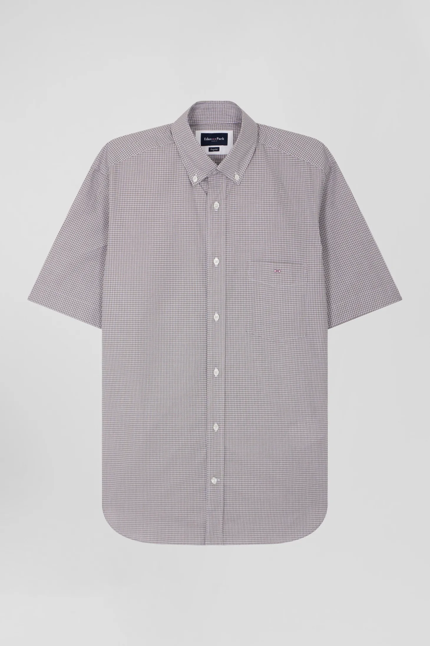 Chemise manches courtes en coton grège à microcarreaux coupe Regular