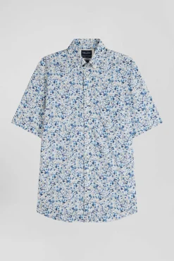 Chemise manches courtes en coton écru microimprimé fleurs coupe Regular