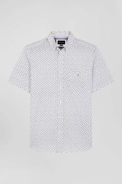Chemise manches courtes en coton écru microimprimé coupe Regular