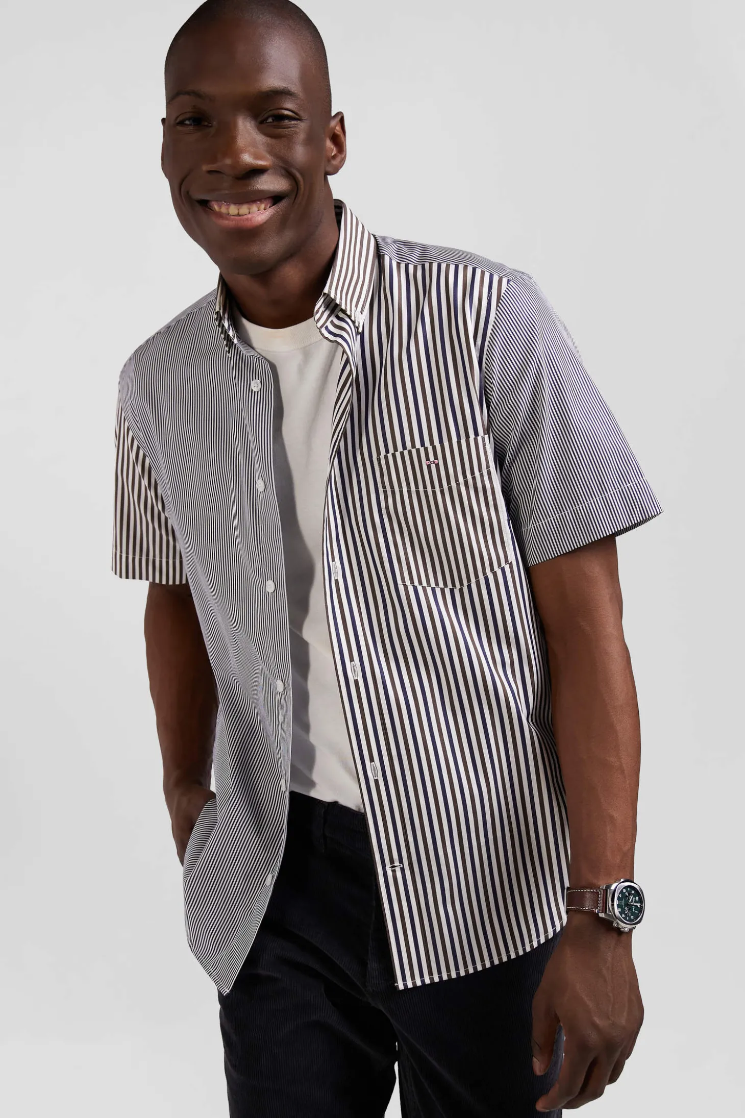 Chemise manches courtes en coton marron coupe Regular