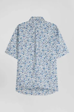 Chemise manches courtes en coton écru microimprimé fleurs coupe Regular