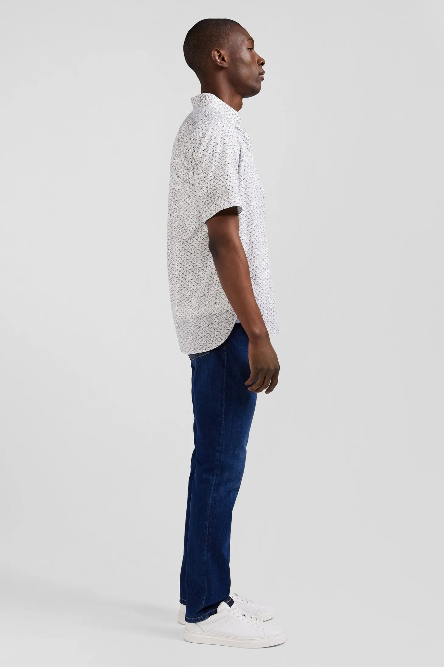 Chemise manches courtes en coton écru microimprimé coupe Regular