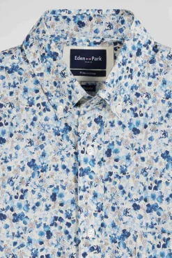 Chemise manches courtes en coton écru microimprimé fleurs coupe Regular